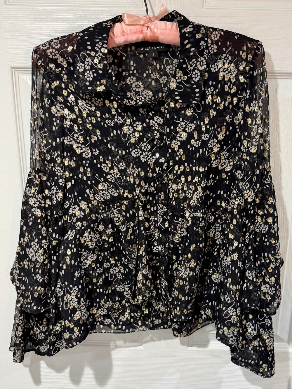 Jill Stuart Black Sheer Floral Button-Front Blouse
